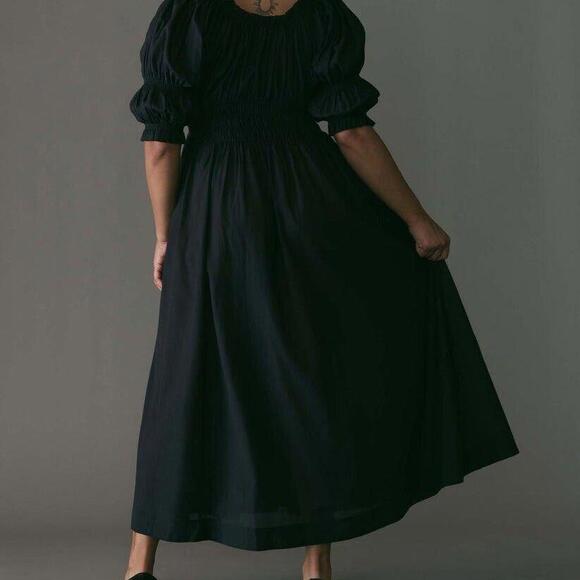 Doen Ischia Maxi Dress Smocked Puff Sleeve Solid Ruffle Badydoll Navy S 275610 - Picture 3 of 15